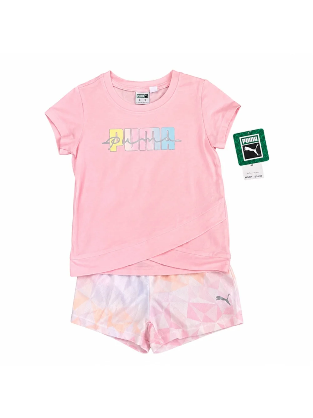 Puma 2 Piece Graphic Tee‎ & Shorts Set 4T Chalk Pink Cross-Front Hem NWT